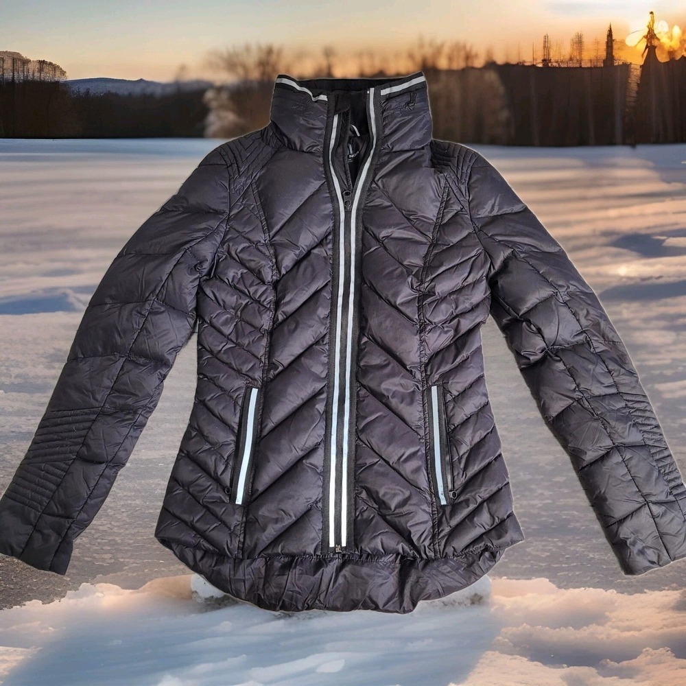 Blanc Noir Super Hero Down Puffer Jacket Womens Small Black Hood Reflective Trim